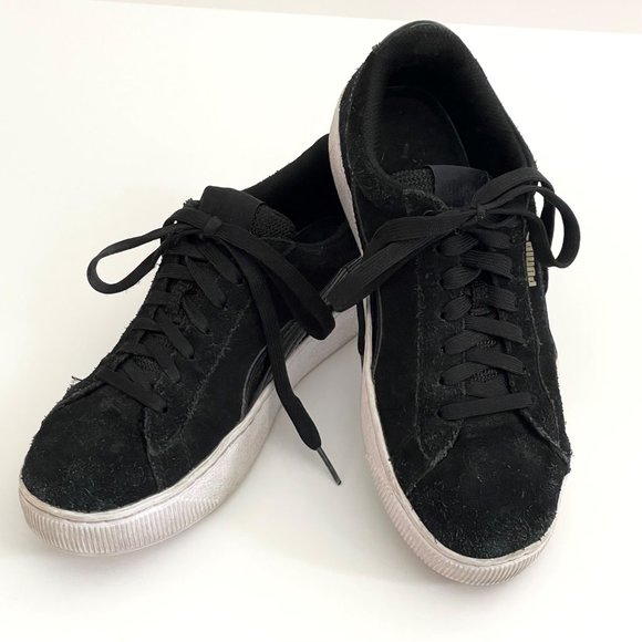 Puma Black Suede Vikky White Platform Low Top Sporty Comfort Leather Sneakers  8 - Picture 10 of 13